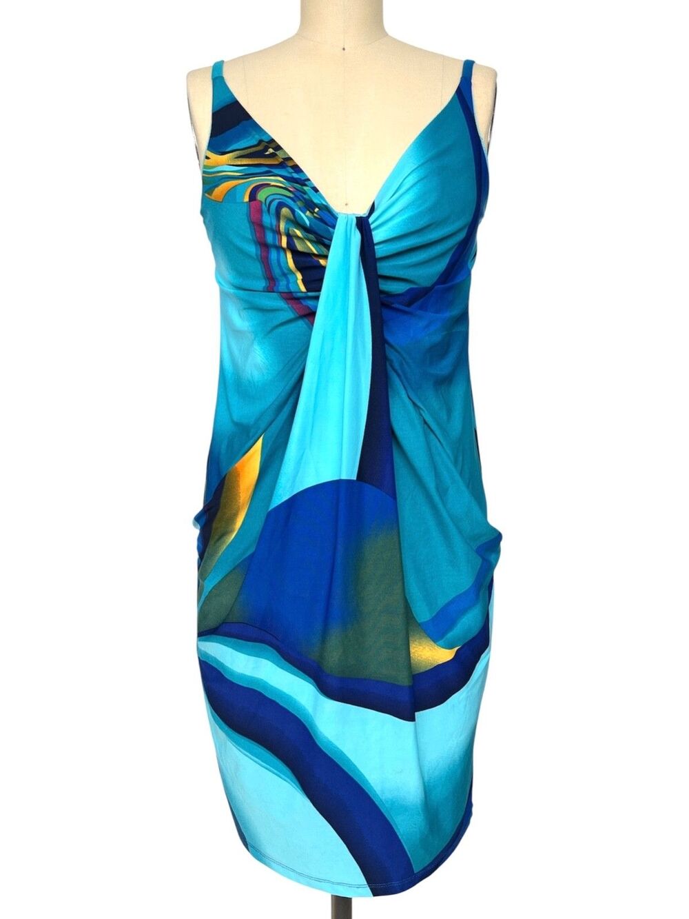 Y2K Carina Abstract Print Cowl Mini Dress Teal Jersey Draped Spaghetti Strap L/M